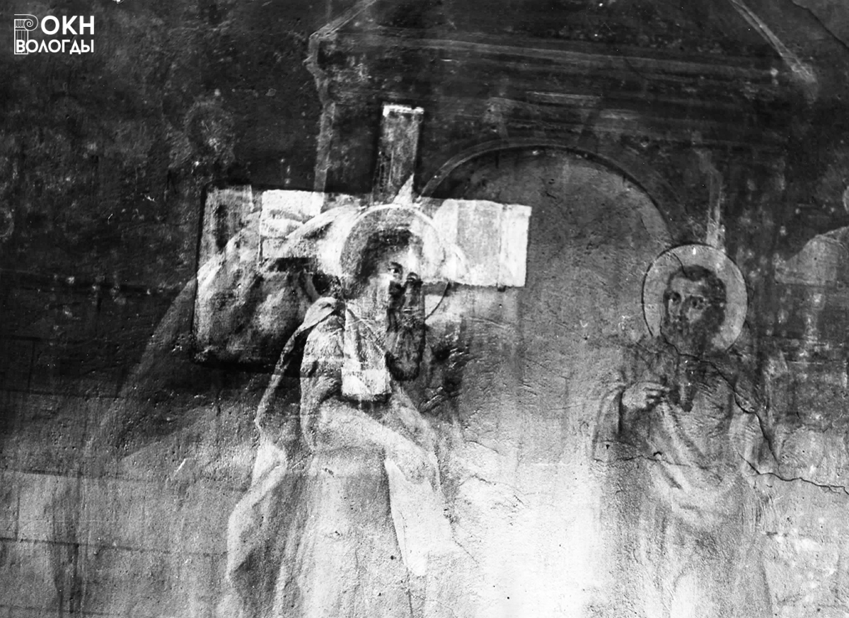 Пробная расчистка в интерьере росписи на восточной грани свода, 1969 год